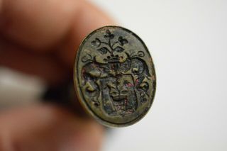 Antique 19th Century Brass & Wood Family Armorial Shield Wax Seal Stamp