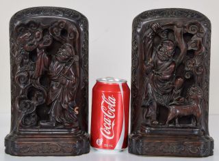 Antique Pair Chinese Carved Rosewood Or Hardwood Wood Bookends Feeding Dragon