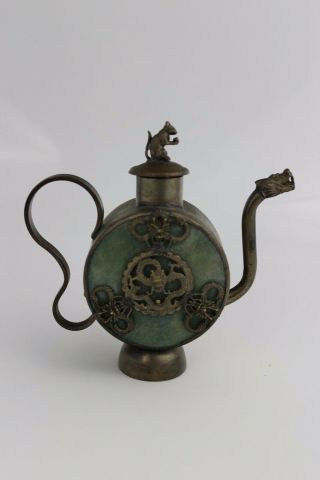 Chinese Signed Dragon With Lid Rat Metal Mounted Green Hardstone Teapot 12x124cm