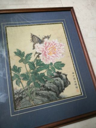Antique Chinese Watercolor Painting On Silk Framed - Flower And Butterfly