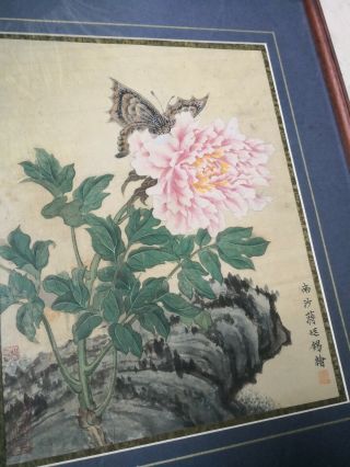 Antique Chinese Watercolor Painting on Silk Framed - Flower and Butterfly 2