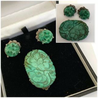 Vintage Art Deco Jewellery Chinese Jade Carved Flower Brooch Clip & Earrings