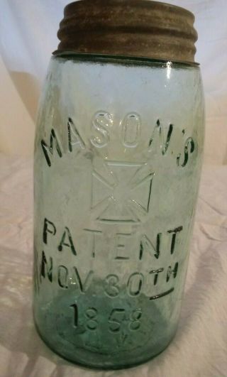Vtg Quart Masons Patent Nov 30th 1858 Canning Jar Maltese Cross Zinc Lid Whittle
