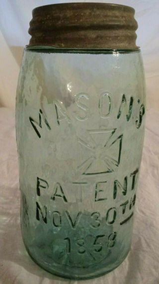 Vtg Quart Masons Patent Nov 30th 1858 Canning Jar Maltese Cross Zinc Lid Whittle 2