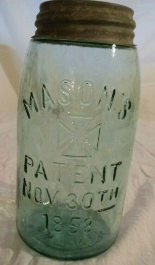 Vtg Quart Masons Patent Nov 30th 1858 Canning Jar Maltese Cross Zinc Lid Whittle 3