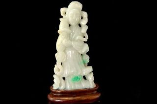 Vintage Chinese Carved Green Jadeite Jade Meiren Wood Figure Statue D111 - 03