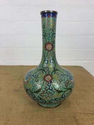 Antique Chinese China Cloisonne Floral Bottle Vase 11 "