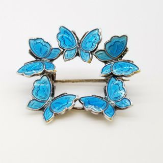 Vintage David Andersen Sterling Silver Blue Enamel Butterflies 3d Pin / Brooch