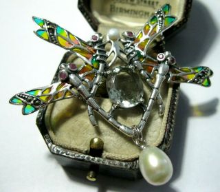 Large Uk Hallmarked Sterling Silver Art Nouveau Plique A Jour Dragonfly Brooch