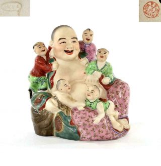 Chinese Famille Rose Porcelain Happy Buddha Boy Figure Figurine 王荃記造 景市周義發出品