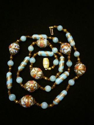 Vintage Wedding Cake Venetian Glass Bead Necklace Blue W/pink Flowers Roses Gold