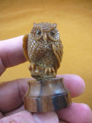 (tb - Bird - 2) Fluffy Tan Horned Owl Tagua Nut Palm Figurine Bali Carving Love Owls
