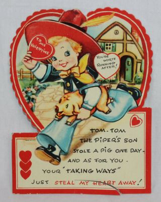 Vintage Mechanical Valentine Day Card Large Moving Cowgirl Pig Tom Piper 