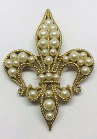 Large Signed Vintage Trifari Gold And Pearl Fleur De Lis Pin French France Paris