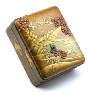 Antique Japanese 19thc Edo Lacquer Kobako Incense Box,  Inlaid Coral Malachite