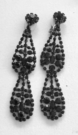 Kenneth J Lane Vintage Earrings Haute Couture Black Rhinestone 4 1/4 " Chandelier
