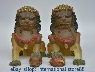 5.  2 " Old China Colored Glaze Painting Feng Shui Foo Dog Lion Beast Statue Pair