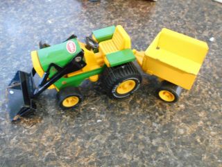 Vintage Tonka Green / Yellow Garden Mini Tractor Loader W/ Trailer Toy