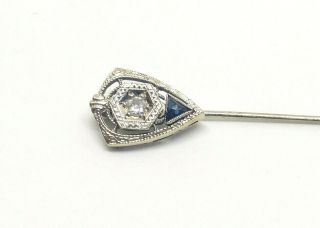Vintage Estate Art Deco 10K White Gold Diamond & Sapphire Filigree Stick Pin 3