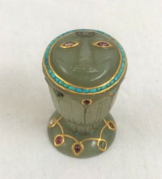 Miniature Covered Urn.  Mughal Gem Set Carved Jade.  19th Century.  2 - 1/4 " Height