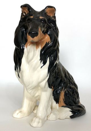 Vintage Ceramic Collie Lassie Dog Statue Figurine Tri - Color Black Brown White