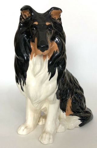 Vintage Ceramic Collie Lassie Dog Statue Figurine Tri - Color Black Brown White 2