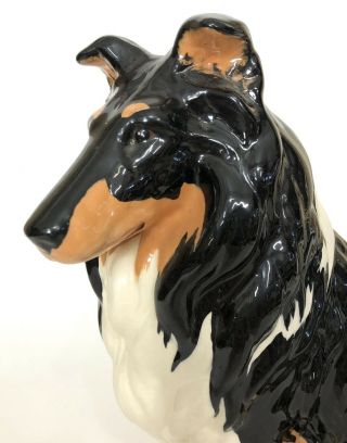 Vintage Ceramic Collie Lassie Dog Statue Figurine Tri - Color Black Brown White 3