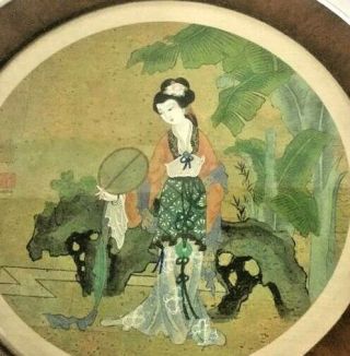 Large Chinese Geisha Lady Painting On Silk Cloth Signed Wang