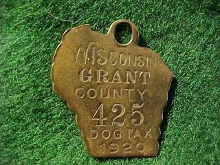 1920 State Of Wisconsin - Grant County Issued Brass,  Dog Tag Tax License