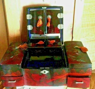 Vintage Japanese Jewelry Box,  14 " Lacquered Red Wooden,  Mirror,  Doors,  Drawers
