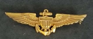 Vintage Wwii Us Navy Pilot Wings 10k Gold Filled Marked H H Straight Pin 2 " Wide