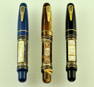 Unique Italian Marlen Coral Lapis Cameo Limited Edition 3 Matching Fountain Pens