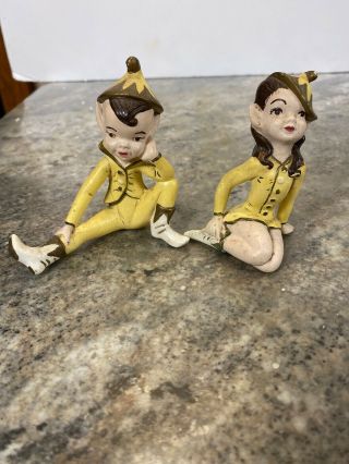 Holland Mold Ceramic Vtg Pixie Fairy Elf Girl And Boy Figurines Sitting -