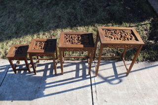 Vintage Chinese Asian Wood Carved Nesting Tables - 4 Tables - Men Women Carved Scene