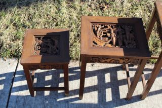 Vintage Chinese Asian Wood Carved Nesting Tables - 4 Tables - Men Women Carved Scene 2