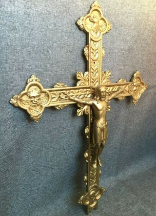 Big Heavy Vintage French Crucifix Cross Made Of Brass 1950 - 60 