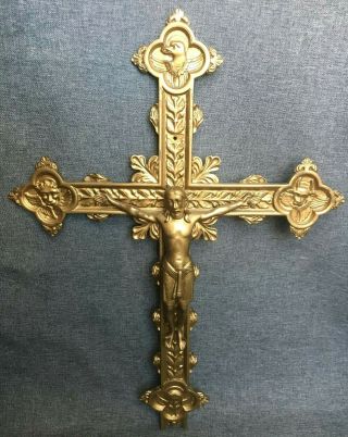 Big heavy vintage french crucifix cross made of brass 1950 - 60 ' s jesus religious 2