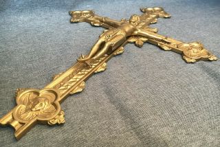 Big heavy vintage french crucifix cross made of brass 1950 - 60 ' s jesus religious 3
