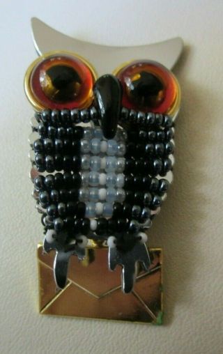Liztech Pin Brooch Owl With Letter Signed 2001 Tag Handmade Artisan