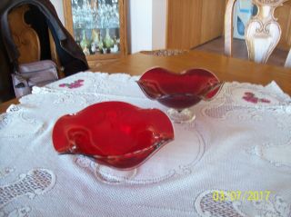 Ruby Red Large 2 Vintage Blown Art Glass Footed Compote Ruffed Elegant Bowls