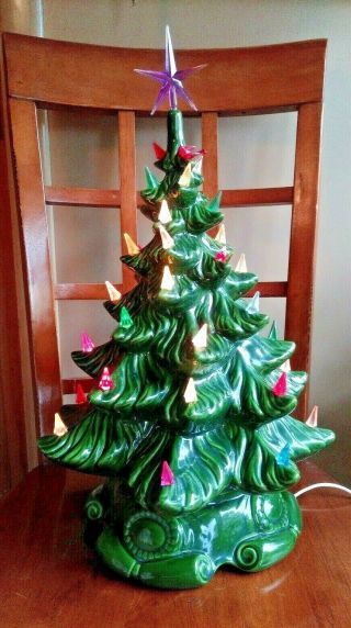 Vintage Atlantic Mold Ceramic Christmas Tree 19 " Lighted Musical Base Deep Green