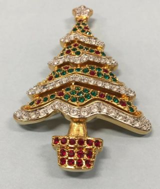 Year 2000 Gold Plated Swarovski Crystals Christmas Tree Pin Brooch Swan Signed