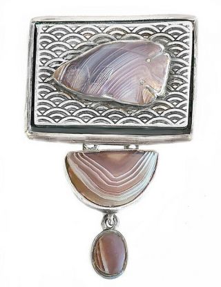 Amy Kahn Russell Sterling & Carved Agate Fish Pendant/brooch W/ Agate Drops