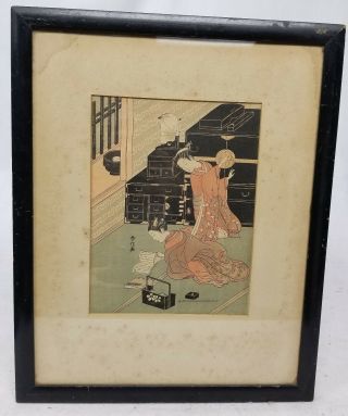 Antique Japanese Woodblock Print Tea Ceremony Signed Geisha Decorative