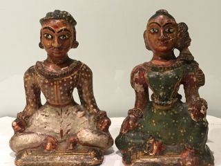Antique Indian Rajasthani Hand Painted Carved Wood Figures Polychrome