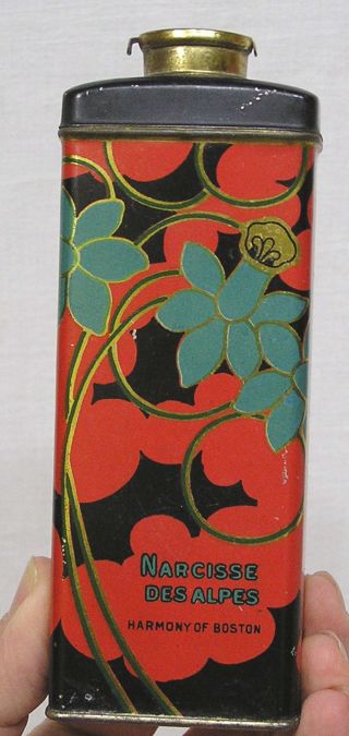 Vintage Talcum Powder Tin Narcisse Des Alpes Harmony Of Boston Art Deco Floral