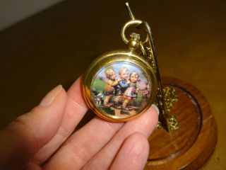 Vintage Hummel Follow The Leader Pocket Watch/necklace W/ Stand And Dome