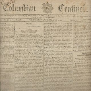 Orig.  1796 Paper " Columbian Centinel " Boston November 16,  1796