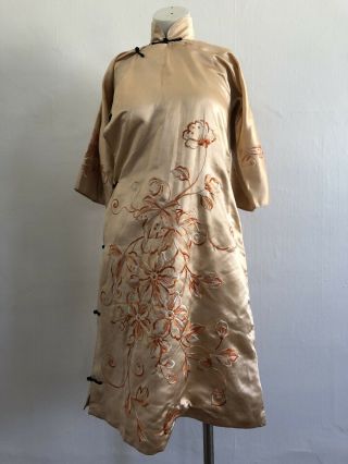 Antique 1920s 30s Embroidered Chinese Cheongsam Qipao Banner Dress Florals Deco 3