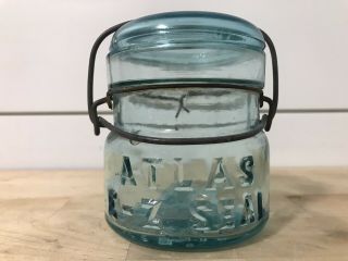 Atlas E - Z Seal 1/2 Pint Canning Mason Jar Wire Bale Top Aqua Glass W/bubbles